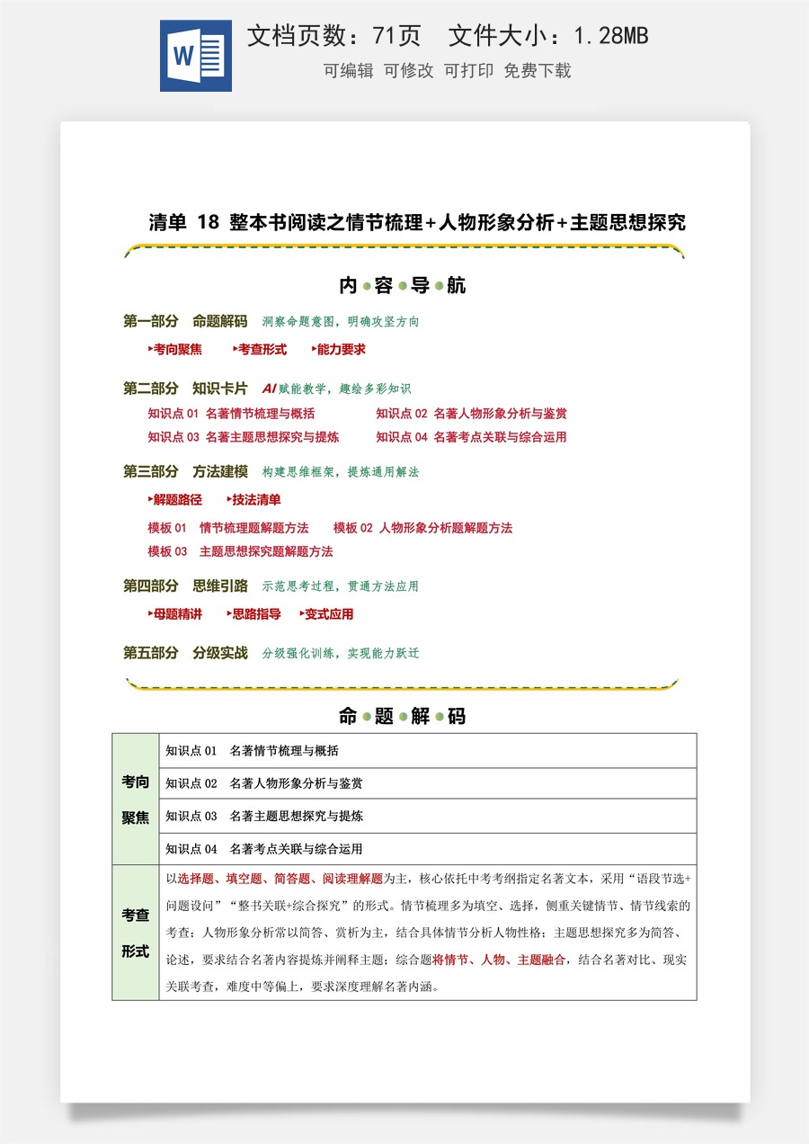初中-语文-中考语文-二轮复习知识点-清单18 整本书阅读之情节梳理+人物形象分析+主题思想探究（知识·方法·能力清单）（教师版） .docx